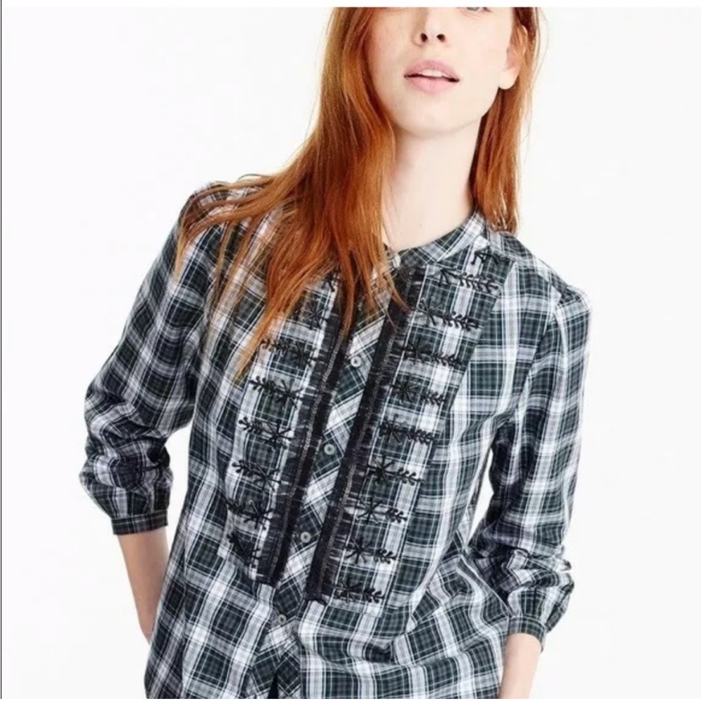 J. Crew Forest Tartan Plaid Button Down Shirt w/ Embroidery & Sequins